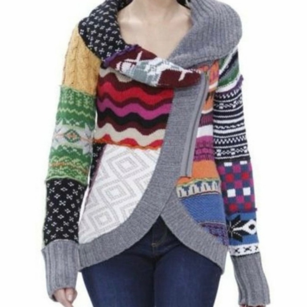 Desigual Rainbow Zip-up Knit Wool Blend Sweater